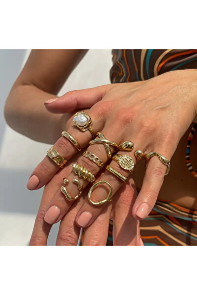 Takıtolia Luxor Gold 12 Adet İncili Fransız Tasarım Barok Tarz Vintage Çoklu Ayarlanabilir Altın Yüzük Seti