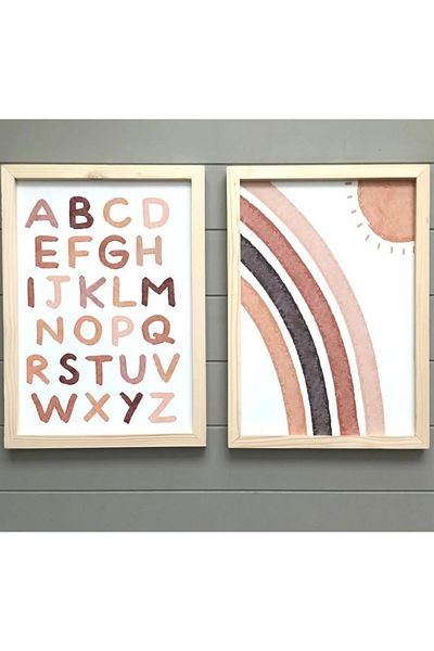 NT Handmade Natural Wood Edged Alphabet Wall Decor Painting Set for Salon Living Bed Children's Room