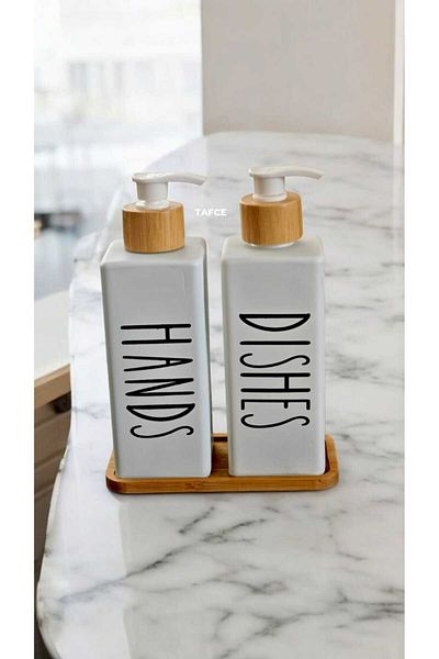 tafce 2 Li Bamboo Stand Detergent Dispenser - Soap Dispenser Kitchen Organizer White Color Hands Dishes