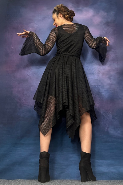 Quincey ASİMETRİK KESİM DANTEL İSPANYOL KOL ELBİSE SİYAH