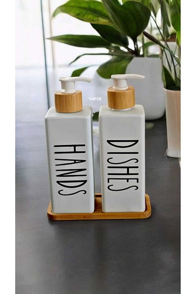 tafce Set of 2 White Glass Hands Dishes Soap Dispenser with Bamboo Base