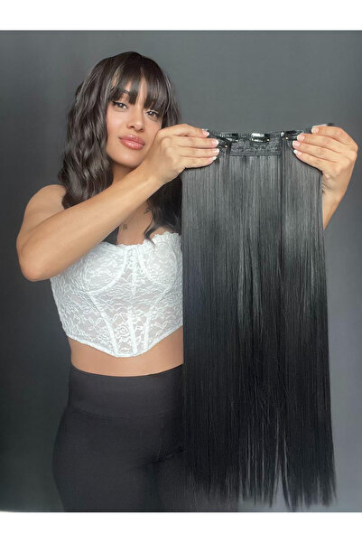 Suzan Peruk Siyah Düz Yarımay+2 yan Çıtçıt Tam set -Geniş Parça Yarımay Çıtçı...