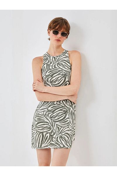 LC Waikiki BLAIS Khaki Crew-Neck Patterned Women's Dress