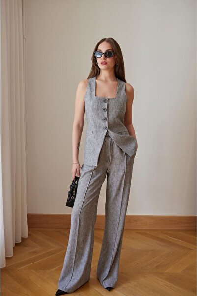 FEMMESTUDIO Women's Gray Square Collar Vest Trousers Set with Tie Detail at the Back