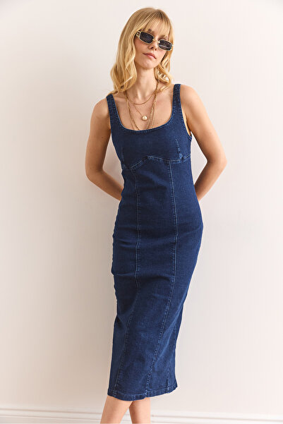 Olalook Women's Navy Blue Stitching Detailed Slit Lycra Midi Denim Dress Elb-19002405