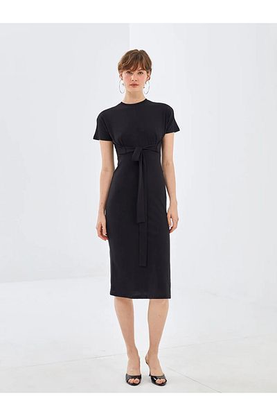 LC Waikiki Blais black crewneck straight short sleeve women's dress