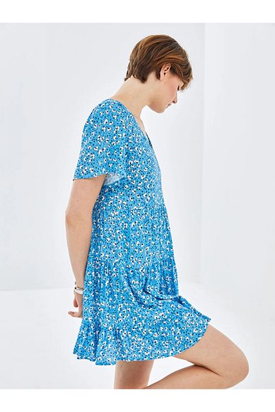 LC Waikiki Blais blue v-neck floral short sleeve women's dress