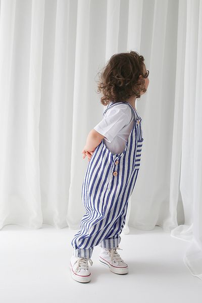 Catz Kids Boy's Navy Blue White Striped Linen Suspender Jumpsuit