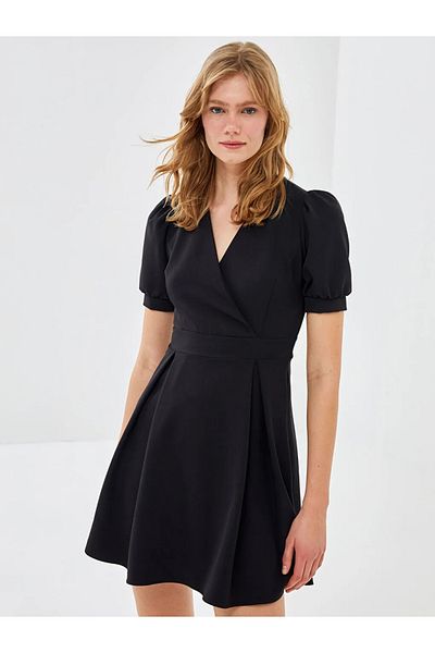 LC Waikiki BLAİS Rochie neagră pentru femei, cu guler dublu, drept, cu mâneci scurte