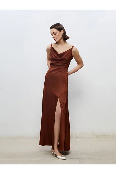LC Waikiki Soulife brown flowy neckline strap evening dress