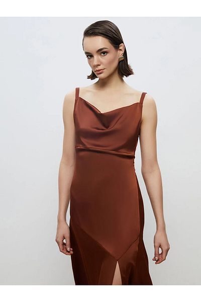 LC Waikiki Soulife brown flowy neckline strap evening dress