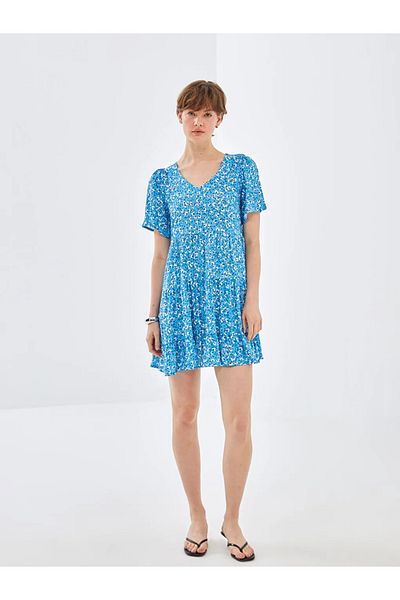 LC Waikiki Blais blue v-neck floral short sleeve women's dress