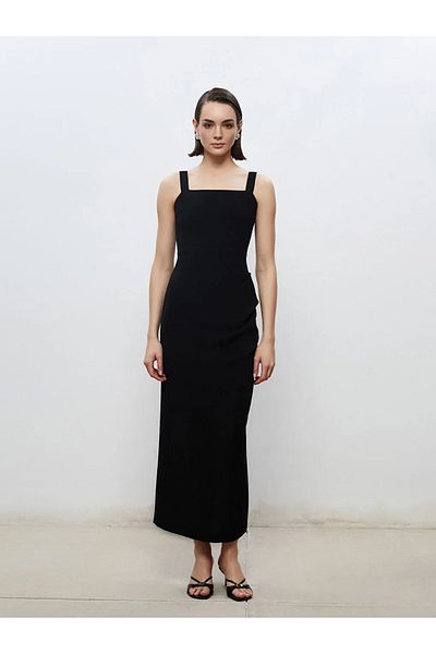 LC Waikiki Soulife Black Square Neck Crepe Dress