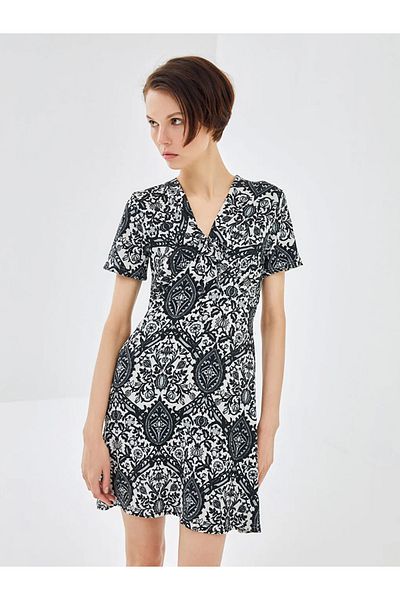 LC Waikiki BLAIS Black V-Neck Patterned Short Sleeve Women's Dress