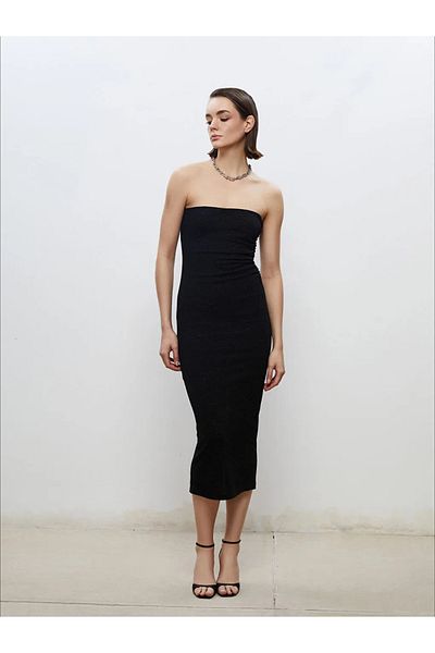 LC Waikiki Soulife Black Strapless Neckline Glitter Shirred Bodycon Dress