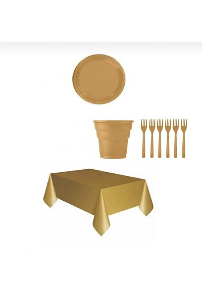 Harmonyparti Gold Plastic Plate Cup Fork Set for 25 People