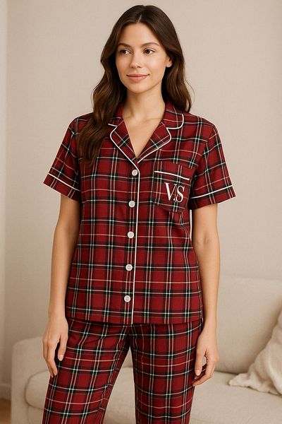 FENZO Women's Burgundy Checkered Cotton Viscose Pajamas Set Short Sleeve Top Long Sleepwear Bottom Comfortable Homewear
