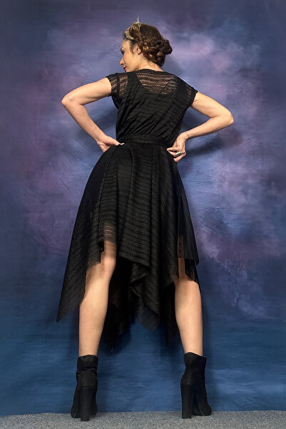 Quincey ASYMMETRICAL CUT LACE TEXTURED BOAT NECK BLACK DRESS WITH ELASTIC WAIST