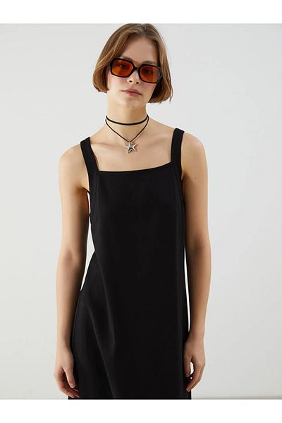 LC Waikiki Xside black square neck a-line linen blend dress