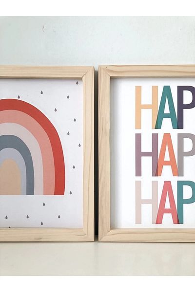 NT Handmade Natural Wood Edged Happy Rainbow Wall Decor Painting Set for Living Room Living Room Bedroom Kids Room