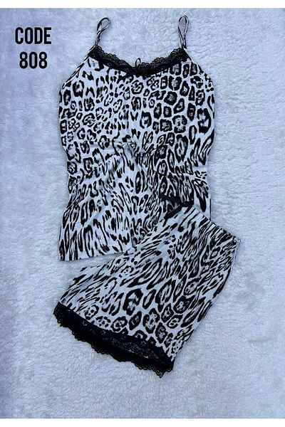 XORVİO Women's Rope Strap Shorts Lace Detailed Nightgown Leopard Patterned Soft Summer Modal Pajama Set
