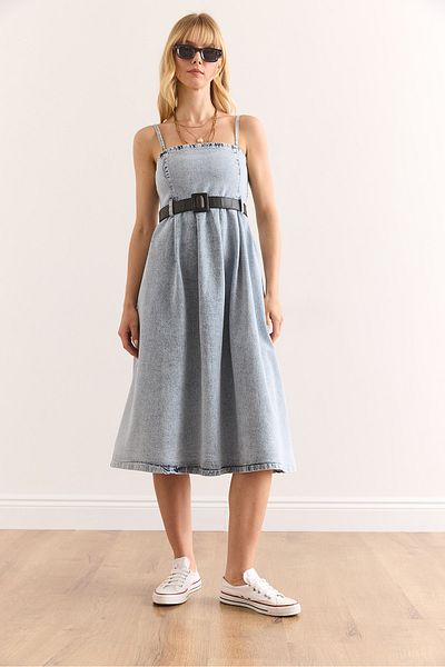 Olalook Rochie de damă albastră cu curea și curea Midi evazată din denim ELB-19002407