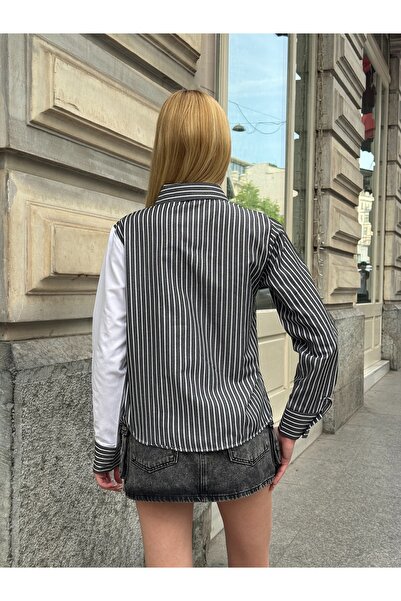 MAMAYAGA Kadın Özel Tasarım Yaka Kol Düğmeli Çizgili Garnili Bluz Boy Pamuk Curve Şık Gömlek