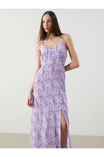 LC Waikiki Lcwaikiki Classic Purple V Neck Print Satin Dress
