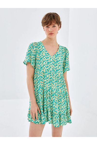 LC Waikiki Blais green v-neck floral short sleeve women's dress
