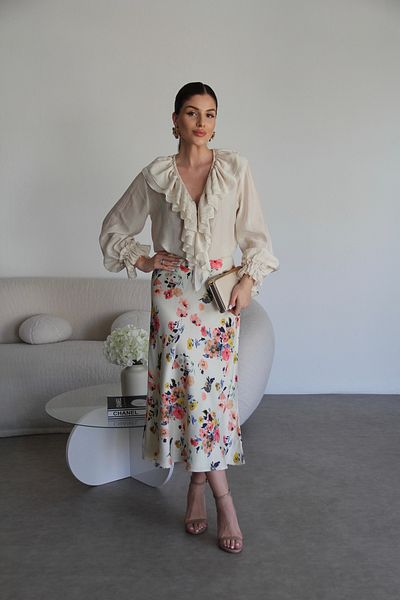Julidress Ecru Floral Patterned Elastic Waist Bias Cut Midi Length Premium Satin Skirt