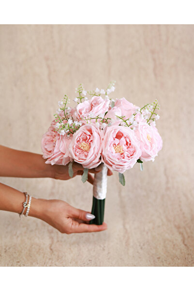 Luvienn Gerçek Görünümlü Pembe Islak Şakayık Gelin Buketi-Yaka Çiçeği 2 li Se...