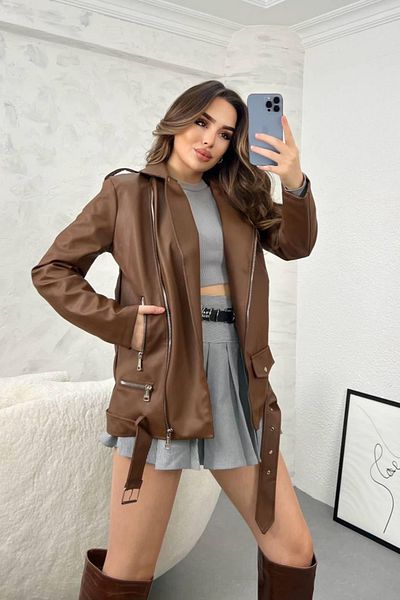 İLKCET MODA Jachetă lungă din piele artificială oversize pentru femei