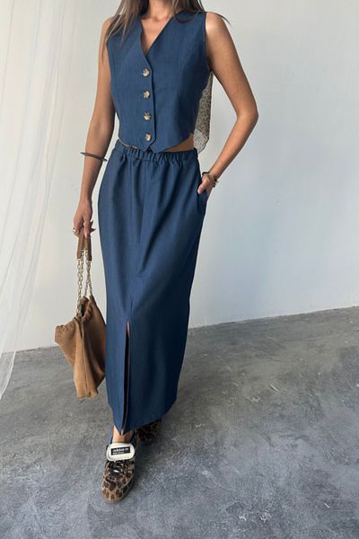 leyla sanat sanata yeni bir bakış açısı Leyla Art a New Perspective on Art Vest - Slit Skirt Suit - Indigo