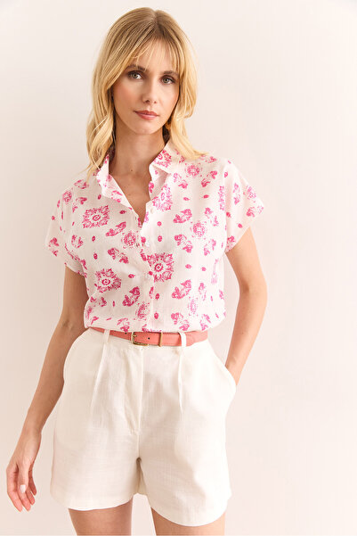 Olalook Women's Motif Fuchsia Flared Linen Bat Shirt Gml-19001317