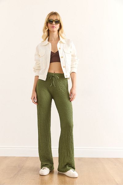 Olalook Women's Khaki Elastic Waist Textured Palazzo Trousers Pnt-19000338