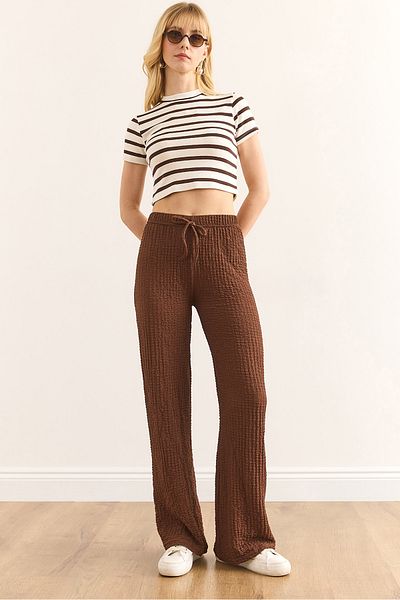 Olalook Women's Bitter Brown Elastic Waist Textured Palazzo Trousers Pnt-19000338