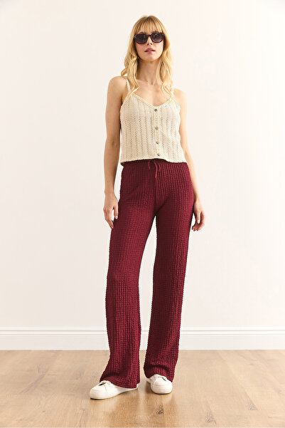 Olalook Kadın Bordo Beli Lastikli Dokulu Palazzo Pantolon PNT-19000338