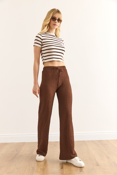 Olalook Women's Bitter Brown Elastic Waist Textured Palazzo Trousers Pnt-19000338