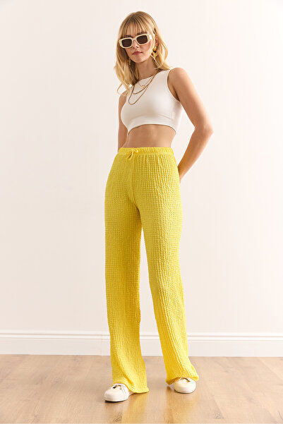 Olalook Women's Yellow Elastic Waist Textured Palazzo Trousers Pnt-19000338