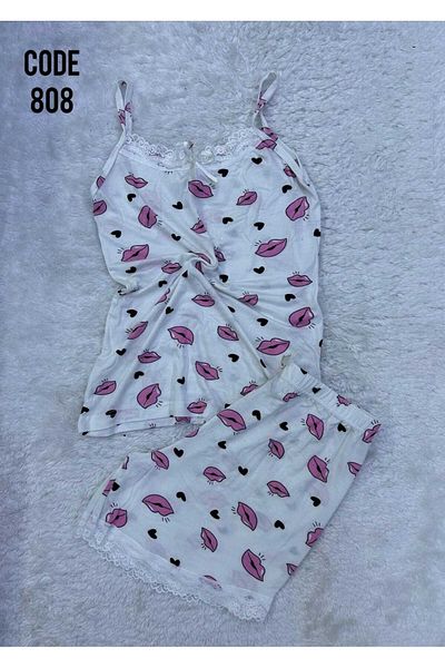 XORVİO Women's Rope Strap Shorts Lace Detailed Nightgown Patterned Soft Summer Modal Pajama Set