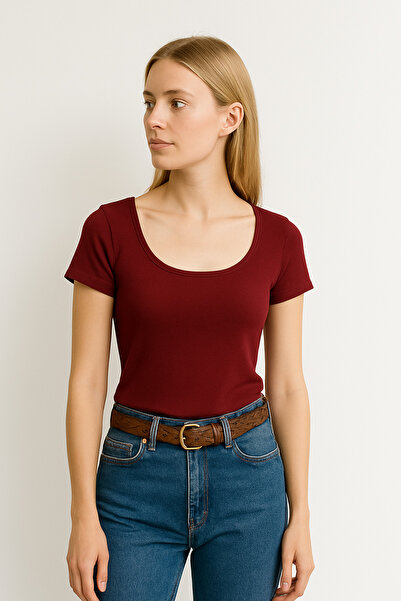 Madmext Bordo Geniş Yaka Kadın T-shirt Mg2341