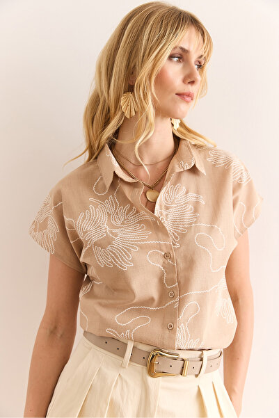 Olalook Women's Chain Beige Patterned Linen Bat Shirt Gml-19001129