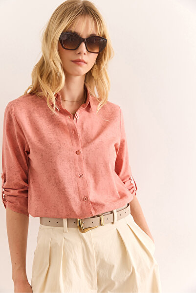 Olalook Kadın Sprey Gül Kurusu Kol Katlamalı Keten Gömlek GML-19000825