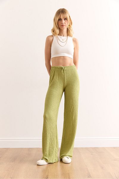 Olalook Women's Light Green Elastic Waist Textured Palazzo Trousers Pnt-19000338