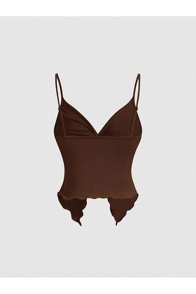 Wild Flower Καφέ Μπροστινό Twist Thin Strap Alaçatı Crop