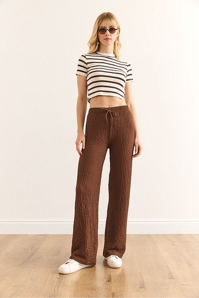 Olalook Women's Bitter Brown Elastic Waist Textured Palazzo Trousers Pnt-19000338