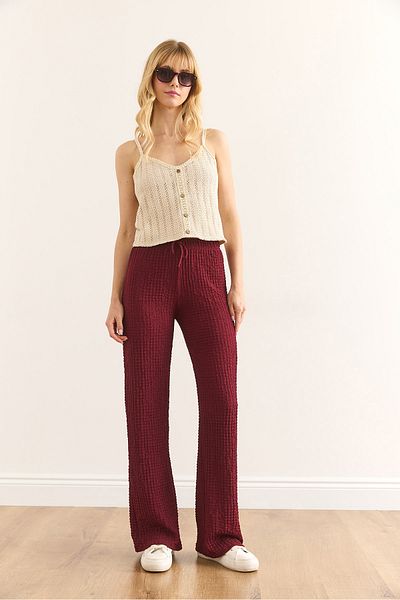 Olalook Women's Burgundy Elastic Waist Textured Palazzo Trousers Pnt-19000338