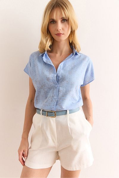 Olalook Women's Spray Baby Blue Sleeve Fold Linen Shirt Gml-19000825