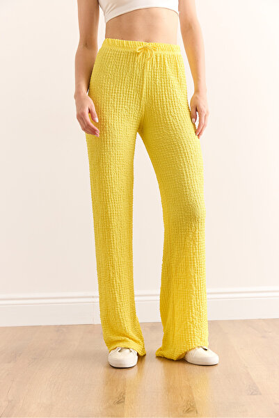 Olalook Women's Yellow Elastic Waist Textured Palazzo Trousers Pnt-19000338