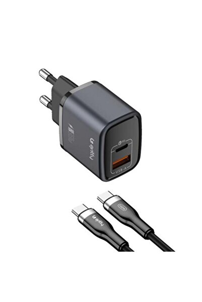 GAN 35W 2 Portlu USB-A Type-C PD Şarj Aleti Siyah+Type-C to Type-C Şarj Kablosu (GC-U35CC)